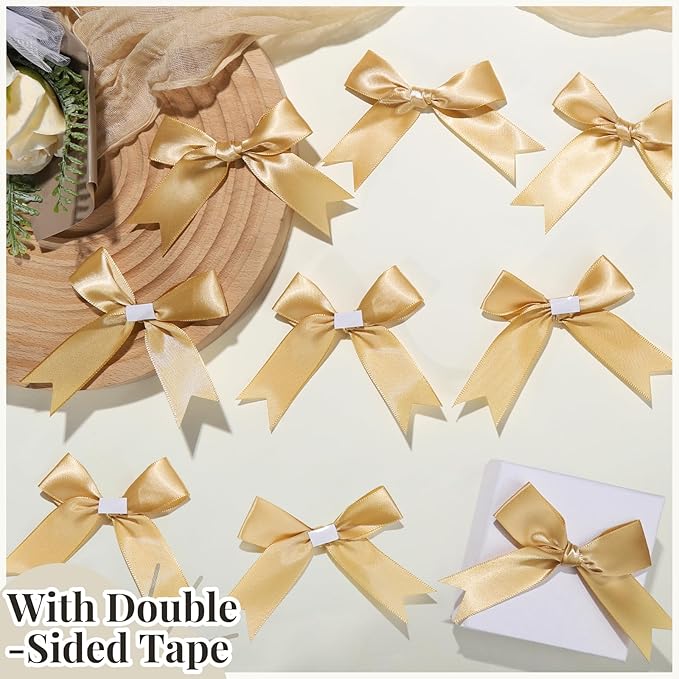 YGDZ Gold Bows, Satin Self Adhesive Gold Ribbon Bows for Crafts, Small Bow with Double-Sided Tape, Mini Bows for Gift Wrapping, Balloons, Wedding Decor, Party Favors