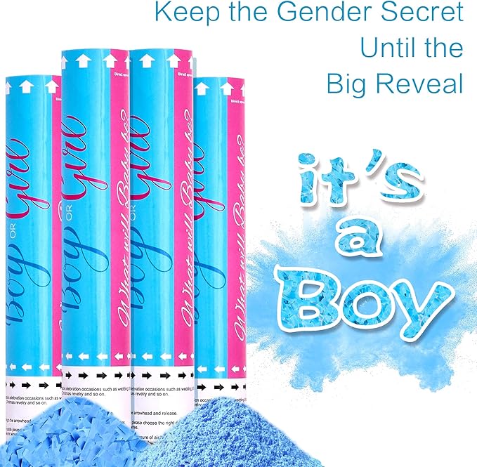 Confetti Cannon Poppers Blue or Pink 12 inch Powder Confetti for Gender Reveal Boy or Girl Set of 4 Smoke Cannon Gender Reveal Decorations Party Poppers for Baby Reveal Party Confetti Powder Poppers