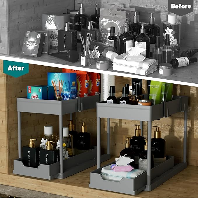 DEKAVA Under Sink Organizer 2 Pack，Bathroom Cabinet Organizer，2 Tier Sliding Cabinet Basket Organizer Drawer, Multi-Purpose Bath Collection Baskets for Bathroom (Grey)