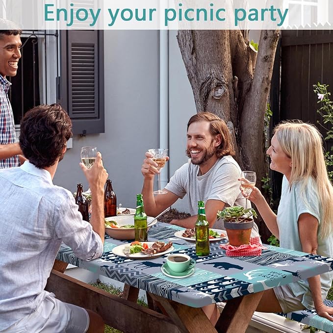 Picnic Table Cover with Bench Covers, Camping Essentials, Rustic Cabin Deer Bear Stripes Waterproof Windproof Patio Table Cover, Fitted Tablecloth Cover with Elastic Edge for Outdoor 3 PCS 30x60 Inch