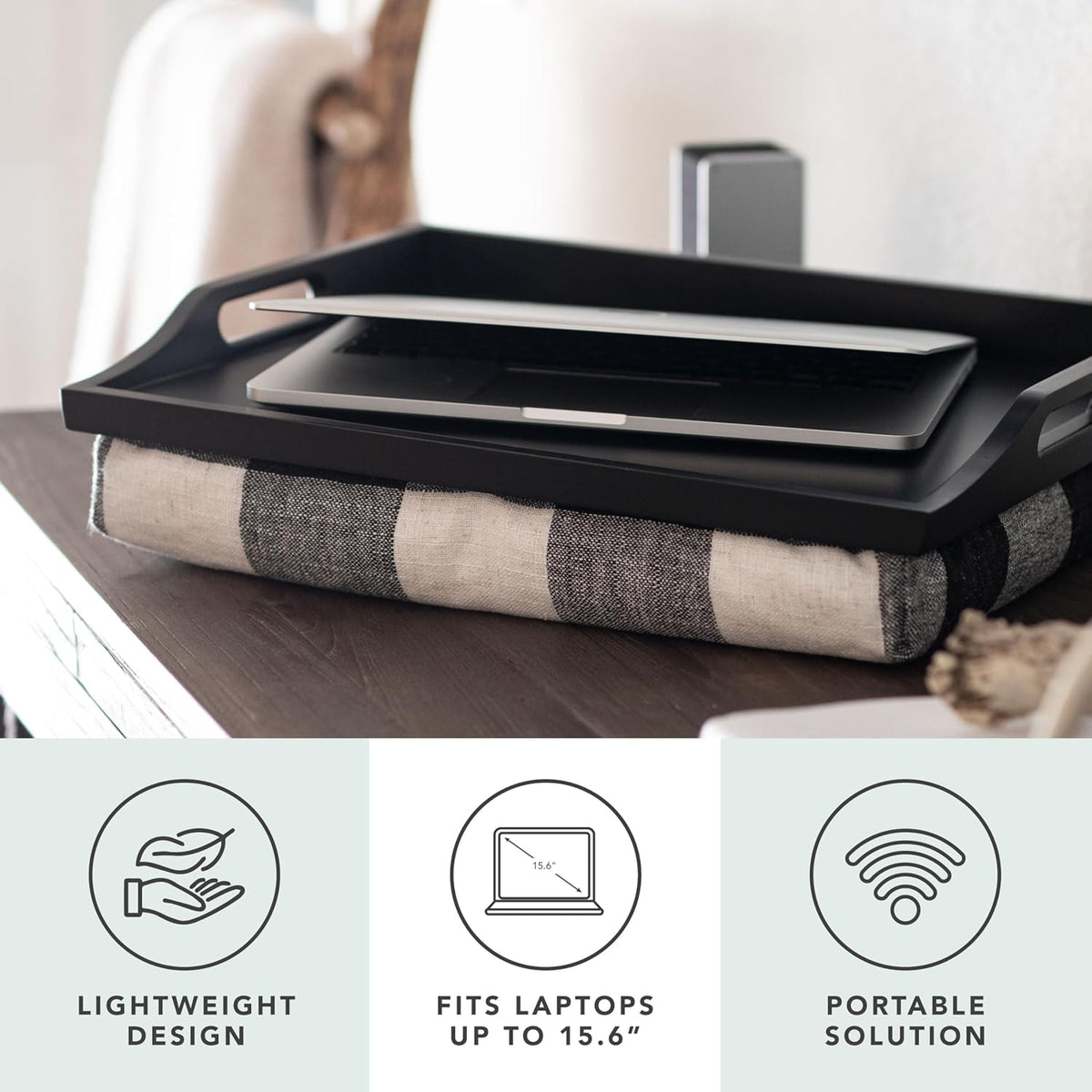 Rossie Home Wood Bed Tray Lap Desk - Set of Two - with Hyacinth Storage Basket - Buffalo Check - Fits up to 15.6 Inch Laptops - Style No. 70108