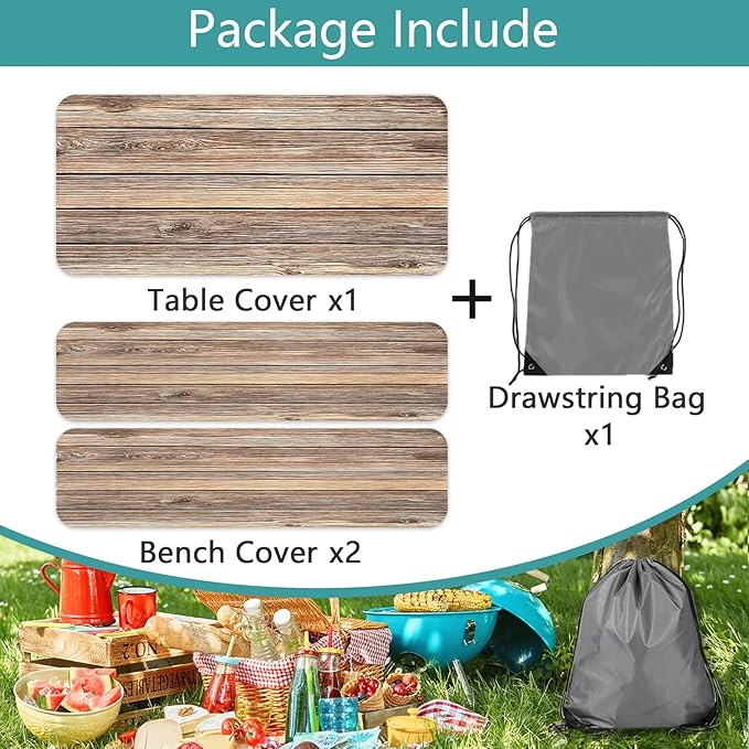 Picnic Table Cover with Bench Covers Camping Essentials Farmhouse Waterproof Windproof Wood Grain Camping Tablecloth Fitted Tablecloth Cover with Elastic Edge for Indoor & Outdoor 3 PCS 30x96 Inch