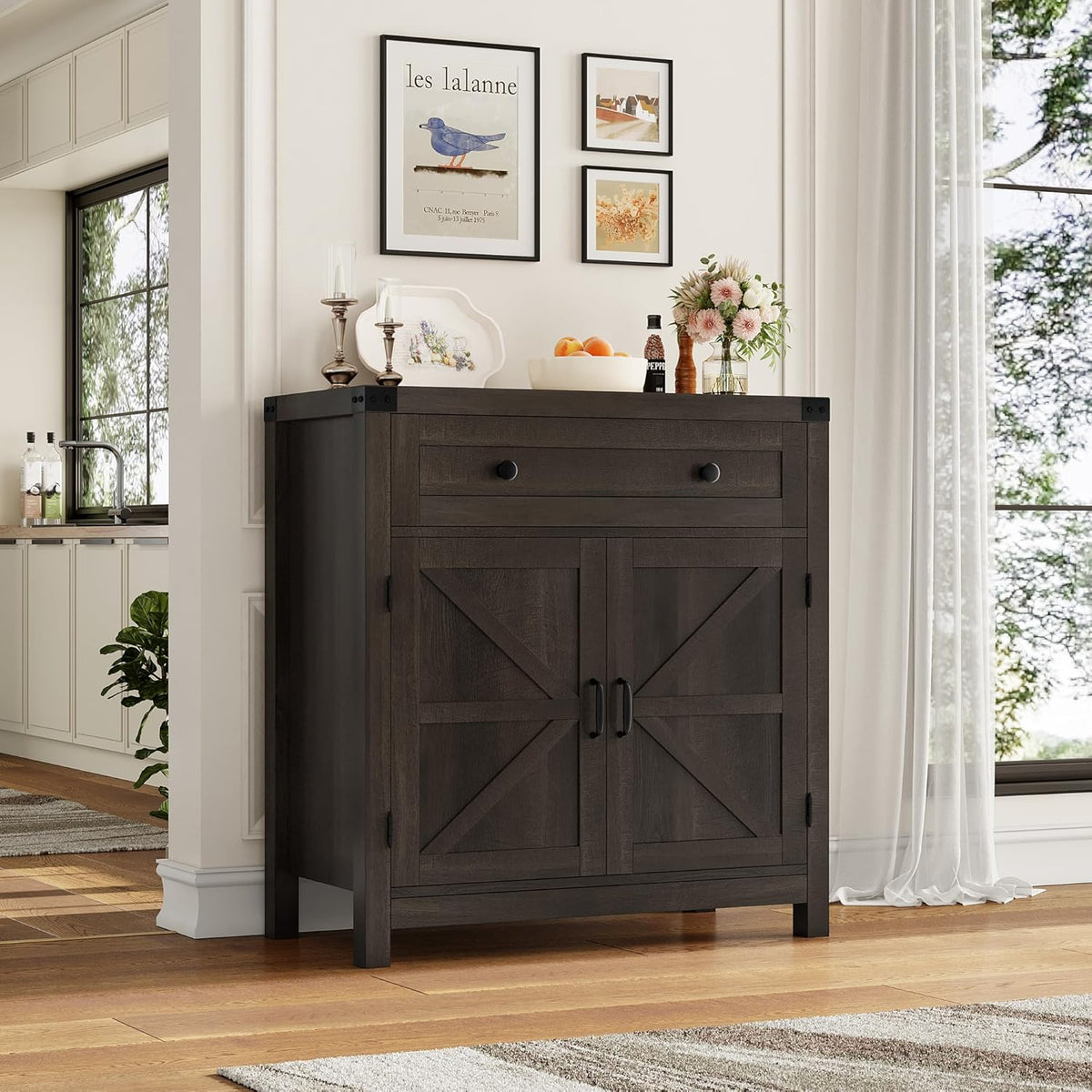 Hostack Coffee Bar Cabinet, Kitchen Storage Cabinet, Modern Farmhouse Buffet Sideboard with Drawer and Adjustable Shelf