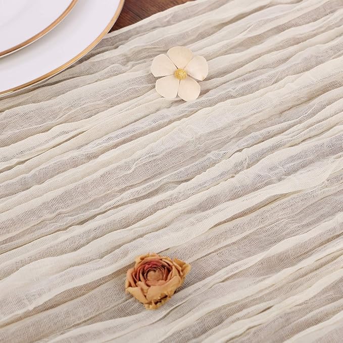 Cream Cheesecloth Table Runner 10FT Rustic Gauze Cheese Cloth Table Decorations 120 Inch Sheer Fabric Table Runners for Baby Bridal Shower Birthday Party Home Decor