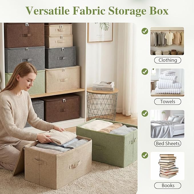 ANMINY 3PCS Storage Bins with Zipper Lids 13 Qt Lidded Fabric Storage Boxes Baskets Cubes with Handles Collapsible Washable Cotton Linen Closet Shelf Clothes Organizer Containers - Green, Small