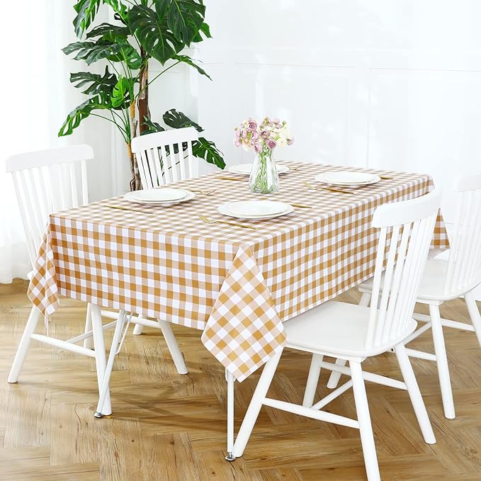Romanstile Rectangle Vinyl Tablecloth, 100% Waterproof Buffalo Gingham Plastic Table Cloth, Heavy Duty Wipeable Checkered Table Covers for Outdoor, Camping, Picnic, Patio - 60 x 120, Coffee and White