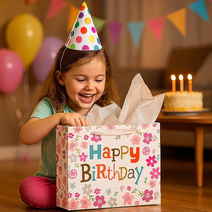 Febbleshow Pink Floral Birthday Gift Bags with Tissue Paper for Women Girls Kids - Colorful Letter Design with Pink Flowers Gift Bag - 13"x10.3"x4.7" (Pack of 2)