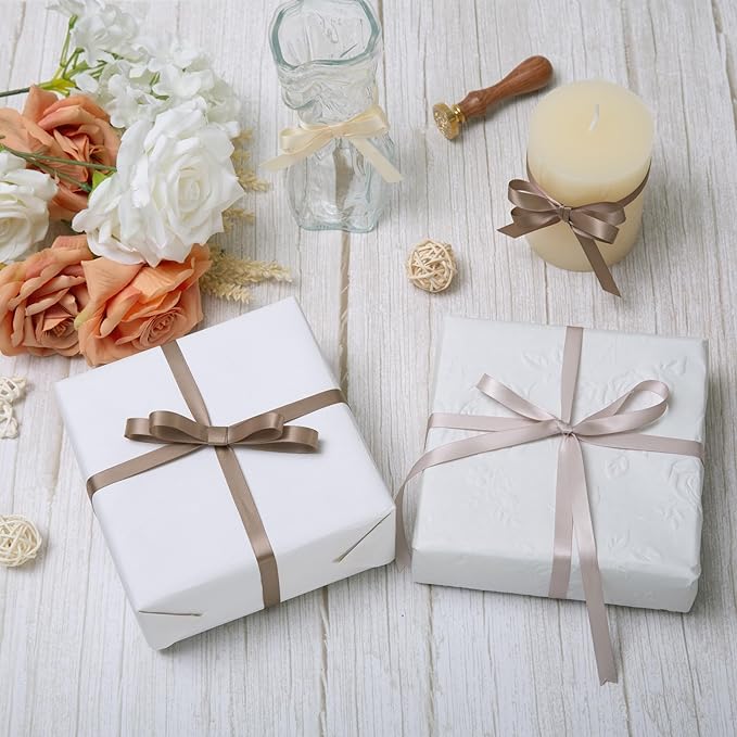 QIANF Champagne Double Face Satin Ribbon 3/8 Inch x 45 Yards Ivory Fabric Ribbon for Gift Wrapping, Flower Bouquets, Hair Bows Making, Wedding Decoration, Invitation Cards, Christmas (3 Rolls *15Yd)