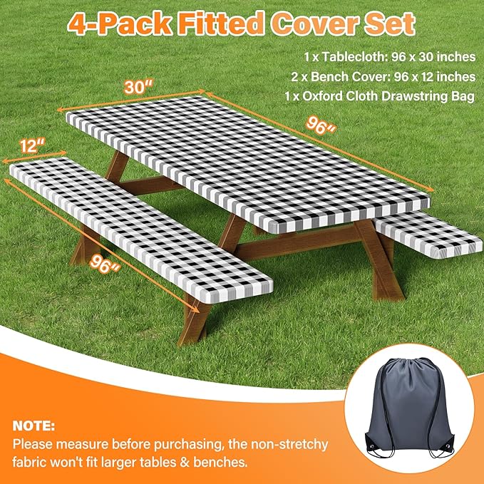 HappyTrends Fitted Picnic Table Cover with Bench Covers - 6FT Dual Layer Waterproof Camping Tablecloth with Windproof Elastic Edging & Bag, Washable RV Camping Accessories (96x30in, Black Checkered)