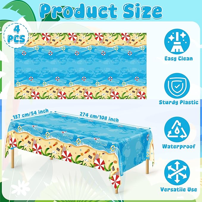 4Pcs Summer Beach Tablecloth, 54 x 108 Inch Pool Summer Tablecloth Beach Party Decorations, Disposable Plastic Beach Table Cloth, Hawaiian Table Cloth for Summer Tropical Birthday Party Decorations