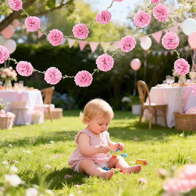Pink Tissue Paper Flowers Pom Pom Spring Garland （2PCS） Hanging Decor Pink Party Decorations for Women Girls Birthday Bachelorette Baby Shower Wedding Party Supplies