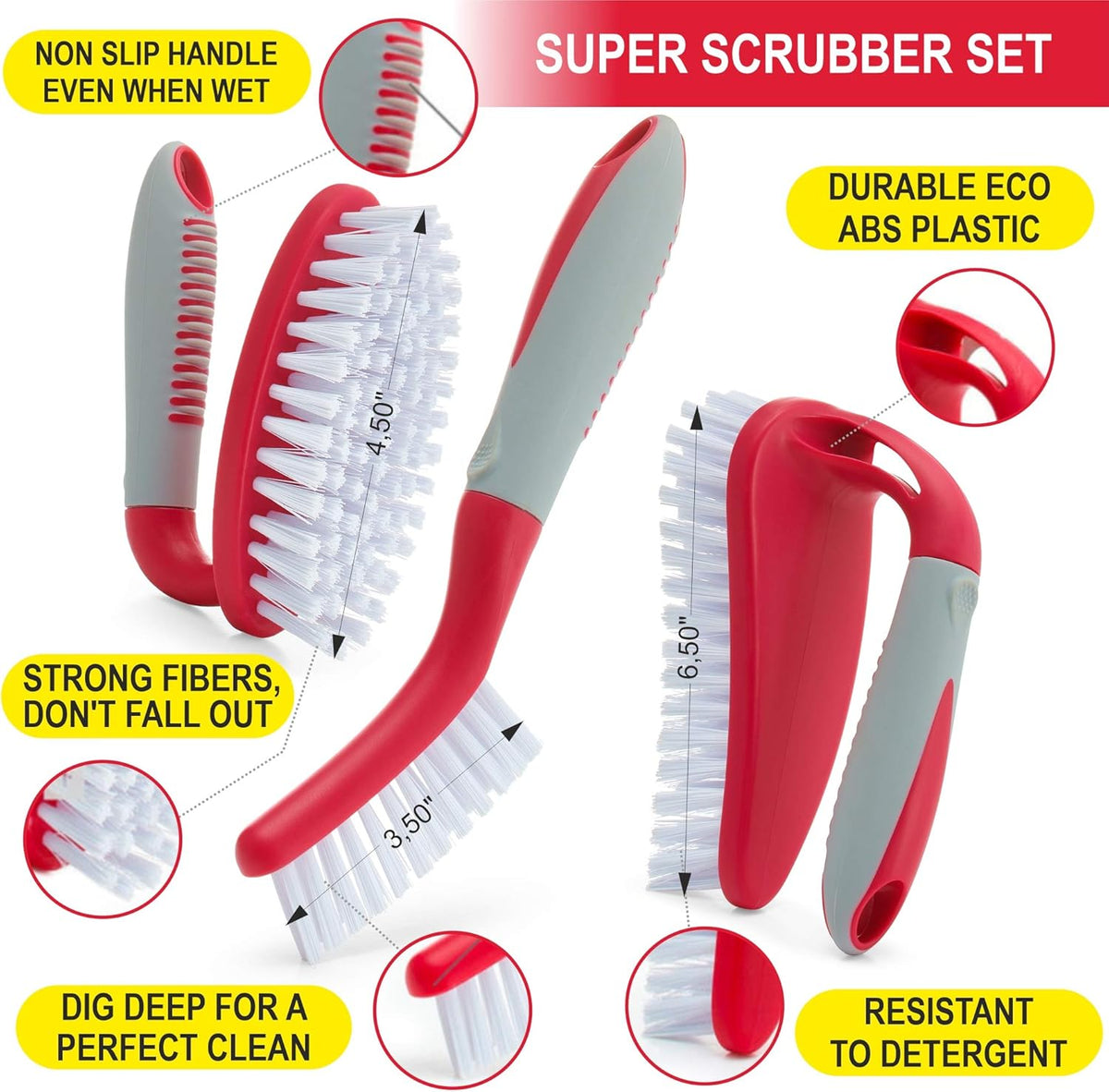 Scrub Brush Set of 3pcs - Cleaning Shower Scrubber with Ergonomic Handle and Durable Bristles - Grout Cleaner Brush
