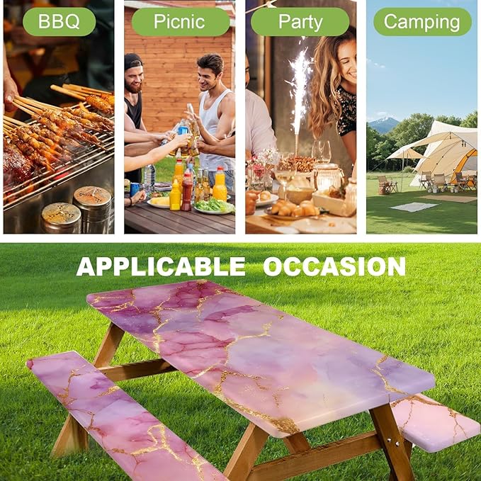 ANNA QUEEN 6FT Pink Marble Outdoor Table Cover with Bench Covers Picnic Table Cover Set 3PCS 72"x30", Outdoor Bench and Tablecloth Furniture Protection