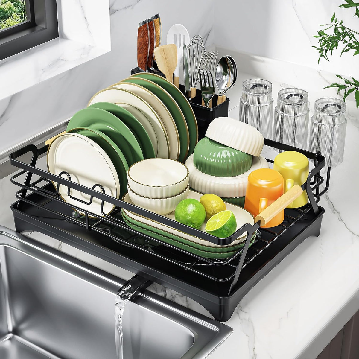 Epicano Dish Drying Rack for Kitchen Counter,Space-Saving Dish Rack,Rustproof Dish Drainer with Utensil Holder and Knife Slots for Sink