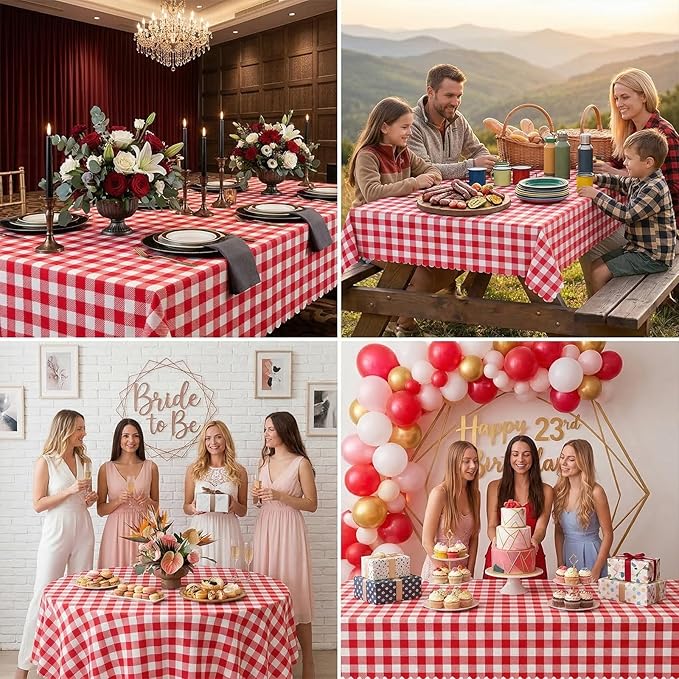6 Pack Red and White Checkered Tablecloth, Plastic Red Gingham Table Cloth Waterproof Red Checkered Table Cover for Picnic, Banquets, Outdoor Parties 54 X 108Inch