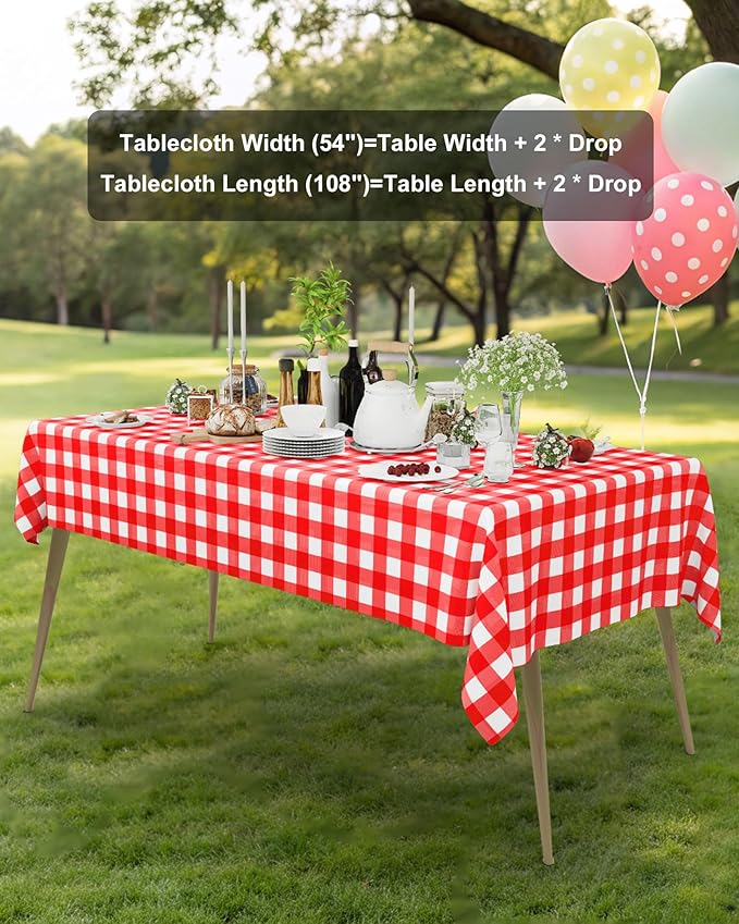 Smiry 12 Packs Gingham Disposable Table Cloth, 54 x 108 Inch Waterproof Plastic Tablecloth, Rectangle Red and White Checkered Table Covers for Picnic, Picnic, Birthday, Party