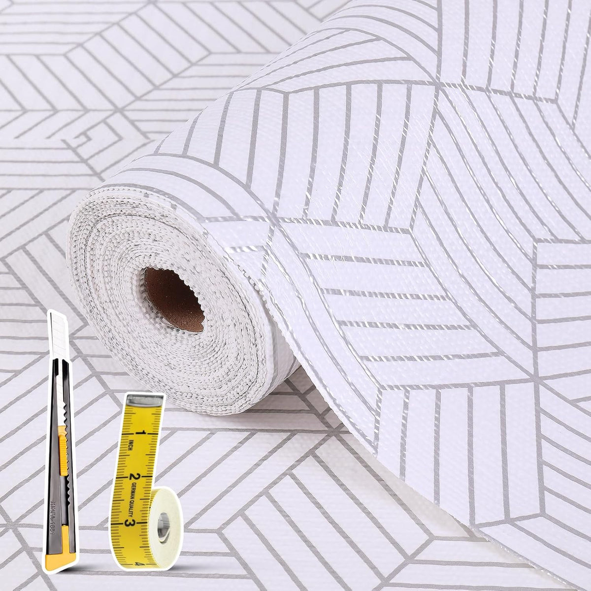 Shelf Liners for Kitchen Cabinets Non Adhesive Shelf Liner Paper Non-Slip Thickened Drawer Liner Easy to Clean for Tool Box Refrigerator with Knife and Tape Measure, Silver Geometric, 11.8 x 354.3 in