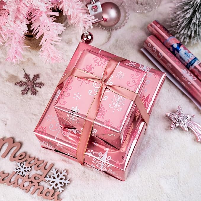 Burymento Pink Christmas Wrapping Paper - 3 Rolls - 17 In X 120 In Per Roll - Cute Shiny Christmas Trees, Snowflakes, Reindeer Design Gift Wrap for Holiday, XMAS Gift Packaging