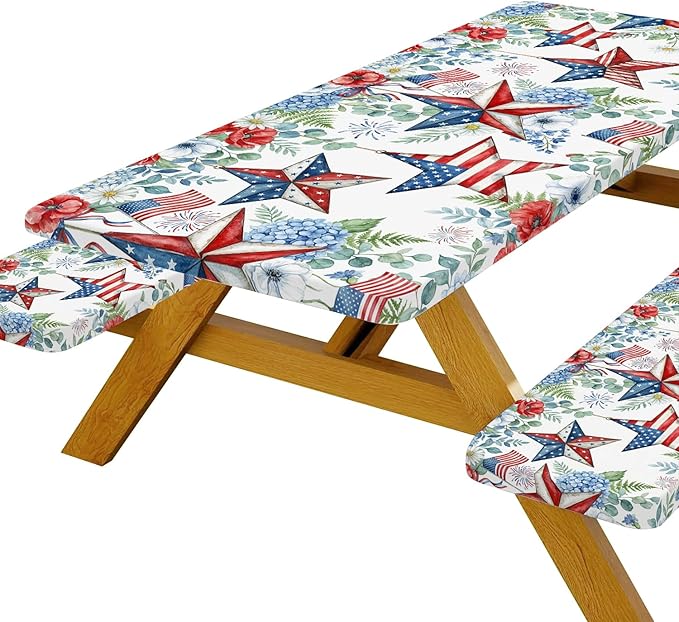 JAWO Patriotic Picnic Table Cover - 4th of July Fitted Tablecloth with Elastic Edge,Red White Blue Star Floral Design for Outdoor Camping, BBQ, Independence Day Party Decor, 96x30 Inch