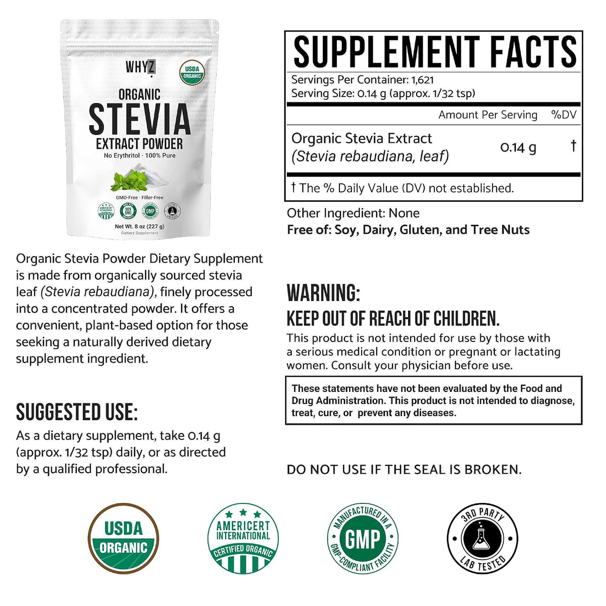 Organic Stevia Powder, 227g, Zero Calorie Pure Stevia Sweetener for Drinks, Powder for Baking and Beverages - No Aftertaste, Non-GMO, Keto Friendly Sugar Alternative, Concentrated Powder, 1600+ Servings
