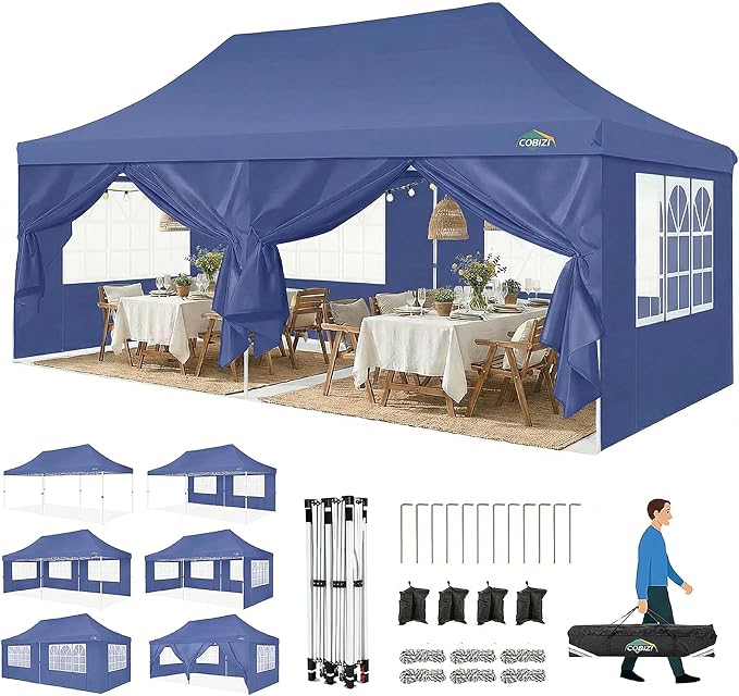 COBIZI Canopy 10x20 Pop Up Canopy Tent with Sidewalls, Waterproof Commercial Canopy Ez Outdoor Instant Gazebo UV Protection 50+ Event Shelter, Garden Tents for Parties with Sandbags, Navy Blue