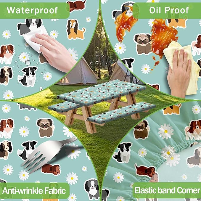 Cute Dog Picnic Table Cover with Bench Covers Camping Essentials Waterproof Windproof Funny Animal Daisy Flower Table Cover Fitted Tablecloth Cover with Elastic Edge for Outdoor 3 PCS 30x60 Inch