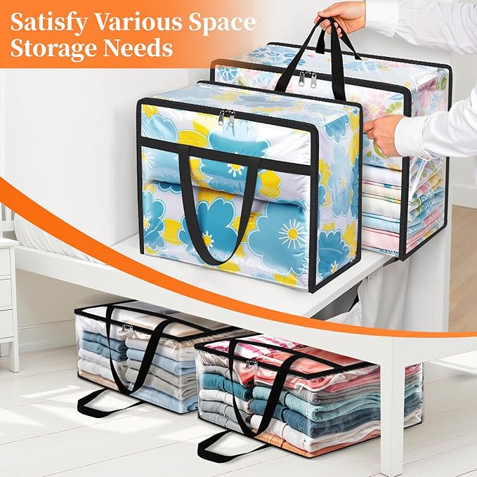 SpaceTrove Clear Clothes Storage Bags, 4 Pack Closet Organizers and Under Bed Storage Containers, Foldable Moving Bags with Zippers for Comforter, Blanket, Bedding, Duvet, PVC Packing Bags 60L
