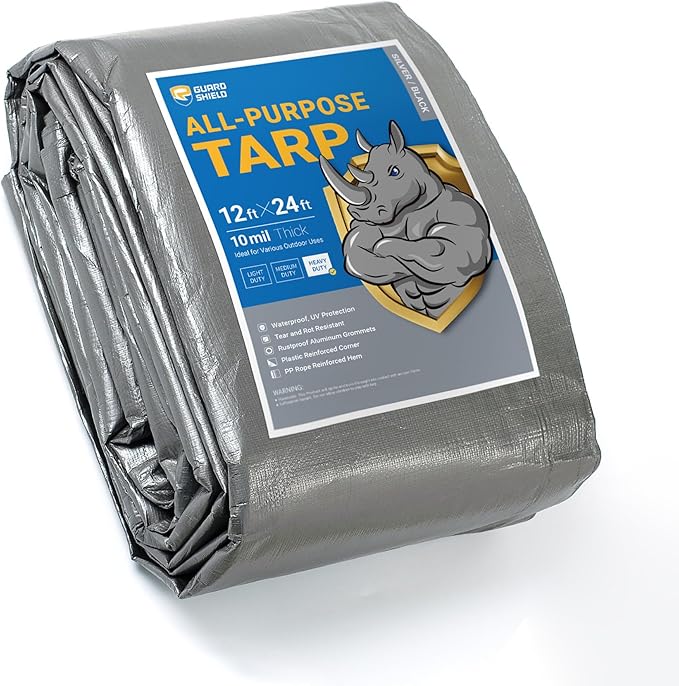 GUARD SHIELD Heavy Duty Tarp 12x24 Feet Silver/Black Multi Purpose Thick Waterproof Poly Tarp Cover 10mil