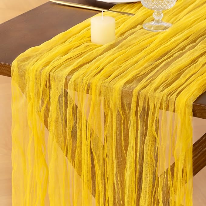 Socomi Yellow Cheesecloth Table Runner Tulle Gauze Cheese clothBoho Rustic 120 inch 10FT Runner for Wedding Party Baby Shower Birthday Holiday Decorations 1pc