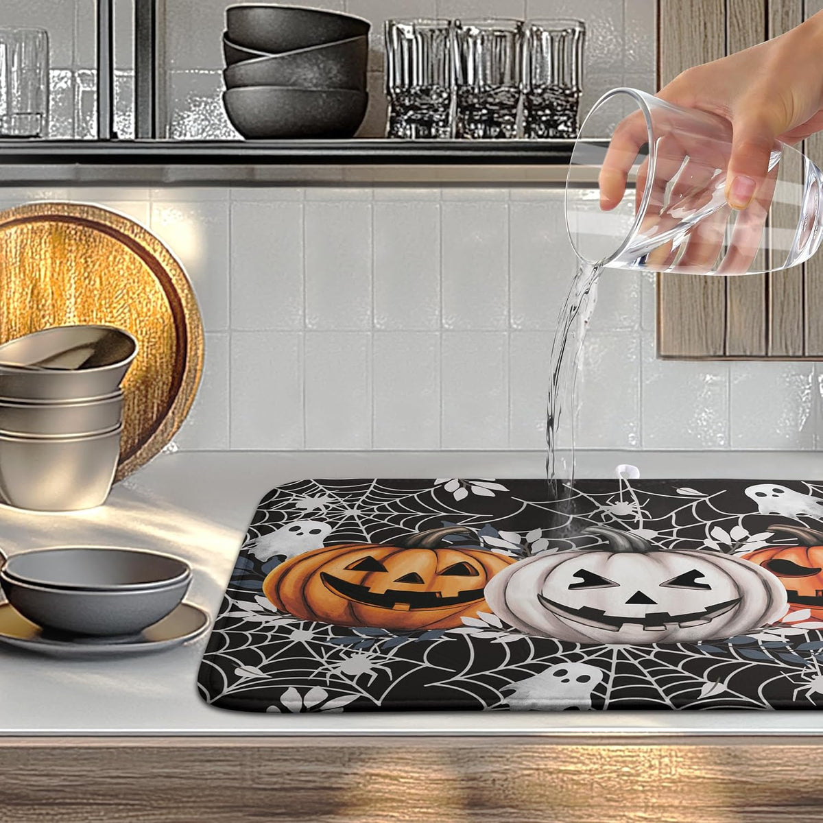 Halloween Pumpkin Dish Drying Mats Spooky Ghost Dish Mat Kitchen Spiders Large Drying Matt Dishes Dryer Pad for Kitchen Counter Absorbent Microfiber Washable Foldable Reusable 18x24 in