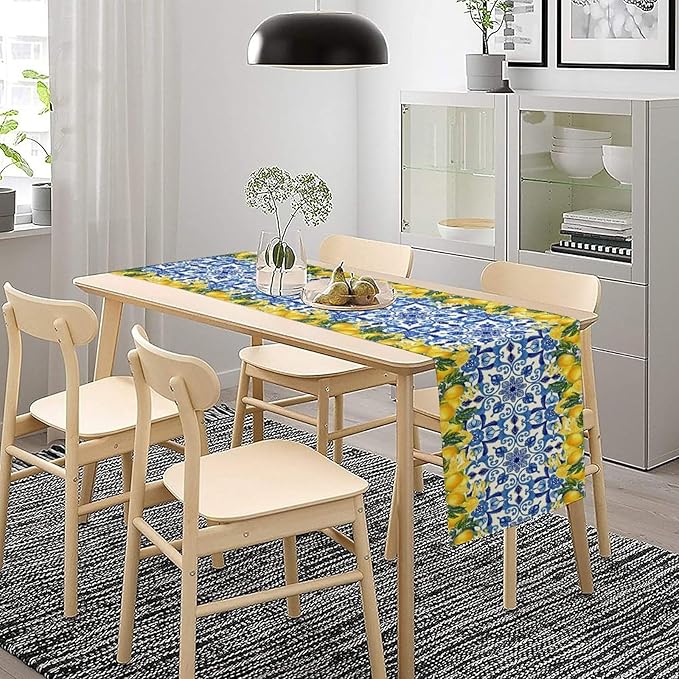 Blue Lemon Table Runner, Italy Tile Yellow Lemon Fruit Table Runners for Farmhouse Coffee Home Kitchen Dining Party Patio Indoor Outdoor 13x90in
