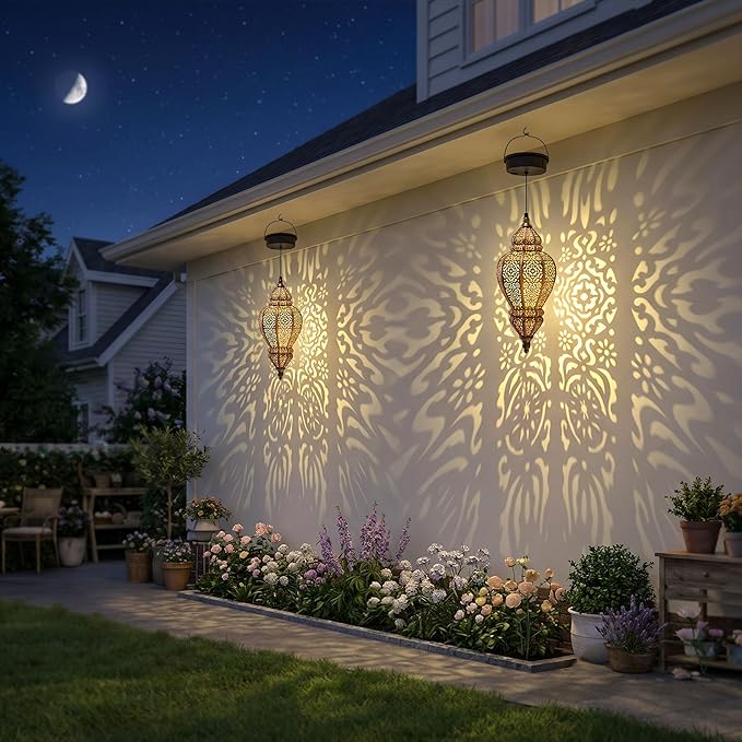 Hapjoy Moroccan Hanging Solar Lights Outdoor Lantern Bidirectional Availabili Garden Decor Waterproof Plastic Gold Decorations for Patio Pathway Yard Backyard Solar Powered Garden Decorative (1, gold)