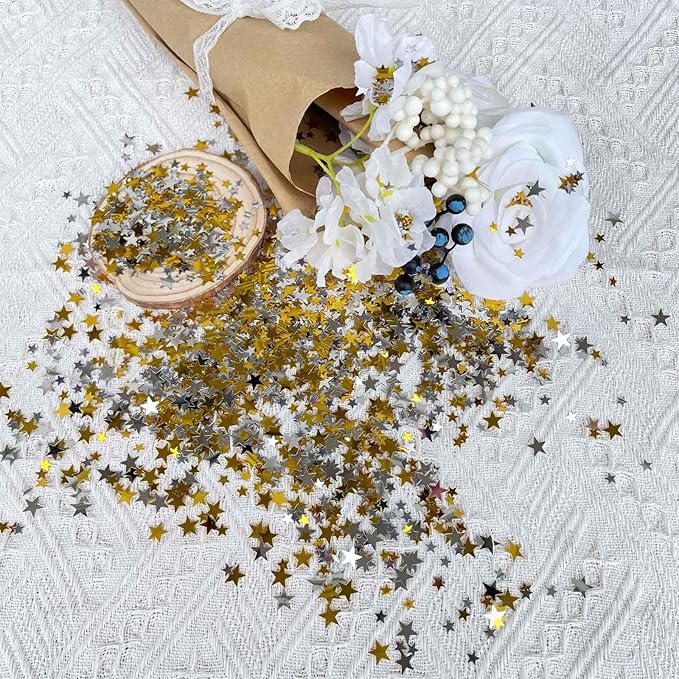 60g Star Confetti Glitter Star Table Confetti, Metallic Foil Star Glitter, Table Decorations for Party Wedding birthday graduation Decorations(Glitter Gold and Silver Set, 10mm and 6mm)