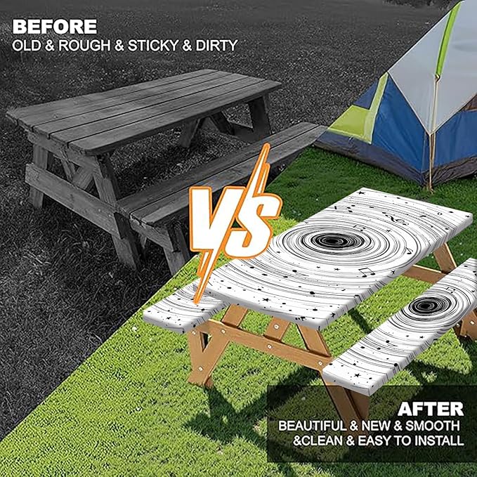 Picnic Table Cover with Bench Covers Camping Essentials Abstract Art Cosmic Vortex Pattern Waterproof Oilproof Fitted Camping Tablecloth Cover with Elastic Edge for Indoor Outdoor 3 PCS 30x72 Inch