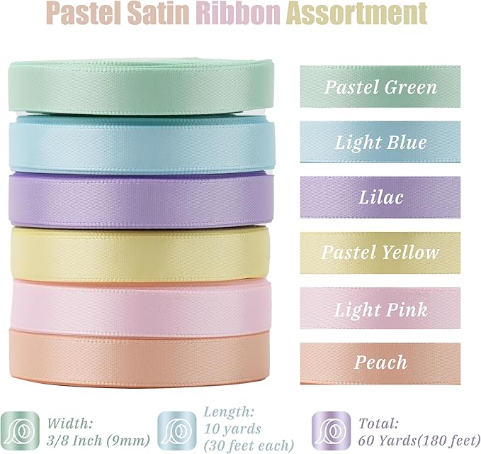 3/8 Inch Pastel Rainbow Double Face Satin Ribbon Set, 6 Rolls, 60 Yards, Assorted Colors for Gift Wrapping, Hair Bows, Bouquets, Wedding, Party Decor and DIY Crafts