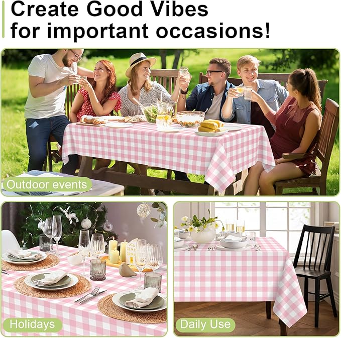 QIKSION Pink Gingham Tablecloth Disposable 6 Pack, 54 x 108 Inch Pink and White Checkered Table Cloth for Baby Shower, Easter, Mothers Day Decorations, Birthday Party, Rectangle, Plastic Table Cover