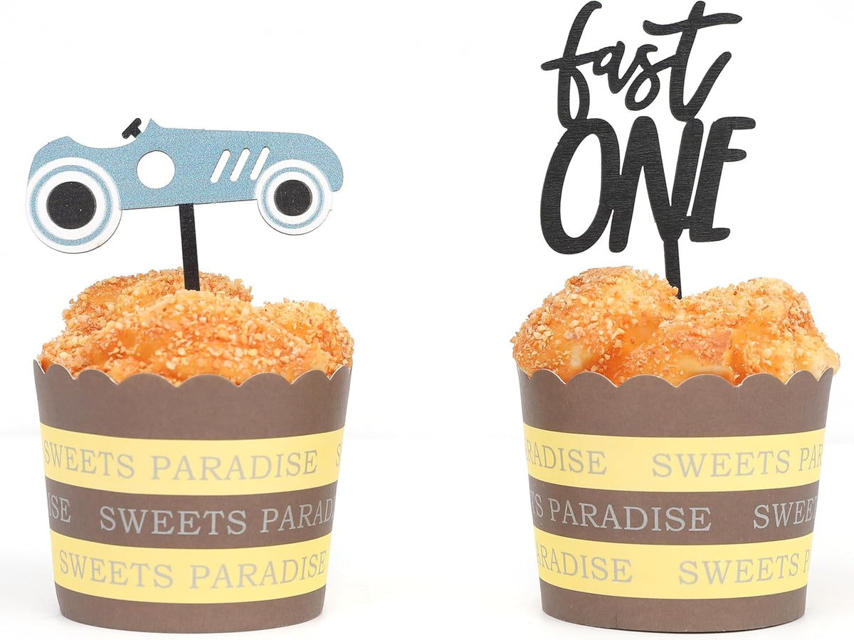 Wooden Race Car Cupcake Toppers - Fast One Cupcake Topper,First Fast One Birthday Decorations,Fast One Birthday Theme Topper(fast one cake topper)