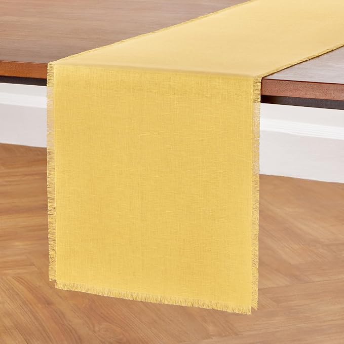 Solino Home Linen Fringe Table Runner 120 Inches Long - 100% Pure Linen Marigold Yellow Table Runner 14 x 120 Inch for Spring, Easter