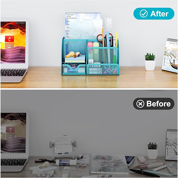 EasyPAG Mesh Desk Organizer with Drawer Multi-Functional Pen Holder Stationery Organizer for Office School Supplies 6 Compartments Dorm Organizers and Storage for Desk, Blue