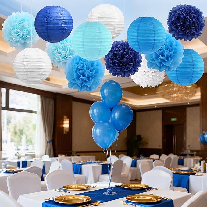 BEISHIDA Blue White Tissue Hanging Paper Flowers Lanterns Party Decorations Set for Birthday Graduation Baby Shower Bridal Bachelorette Wedding Photo Booth Backdrops Party Supplies(18 Packs)