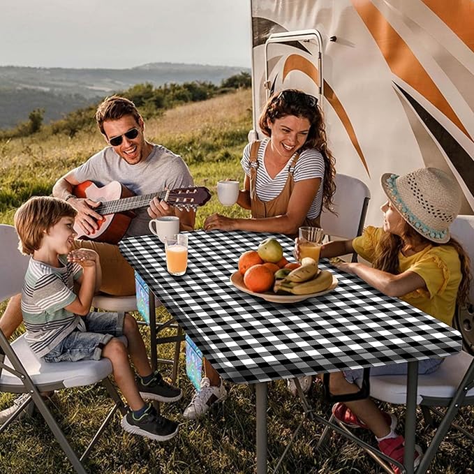 Picnic Table Cover with Bench Covers, Black and White Checkered Waterproof and Windproof, Fitted Tablecloth Cover with Elastic Edge, for Outdoor, Garden, Camping, 3 Pieces Set, 30x60 Inch