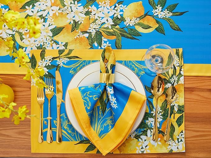 YiHomer Provence Blue Lemon Mediterranean Tile Tabletop for Spring Summer Decorations, Picnics and Dinner Parties - Indoor Outdoor, Stain and Water Resistant, Napkin Set, 20 x 20
