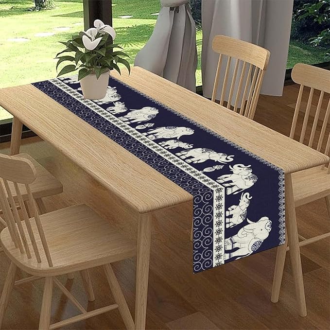 Boho Elephant Table Runner, Rustic African Tribal Traditional Diwali India Ethnic Folk Rustic Blue Coffee Table Center Decor for Home Kitchen Dining Holiday Party Outdoor Table Decorations, 13"x36"
