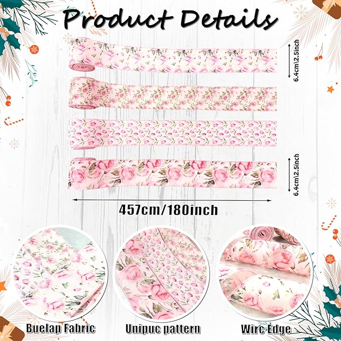 Spring Pink Floral Wired Ribbon, Rose Pattern Decorative Fabric Ribbon with Leaves for DIY Crafts Gift Wrapping Spring Summer Wedding Party Decor, 4 Rolls, 20Yards (Pink)