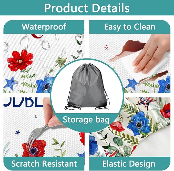 JAWO 4th of July Picnic Table Cover with Bench Covers, Red Blue Watercolor Flowers Fitted Waterproof Tablecloth with Elastic Edge, 3 PCS Set for Outdoor Camping, Independence Day Decorations,96in