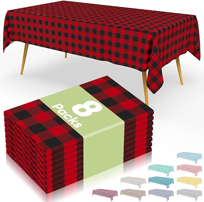 Smiry 8 Packs Gingham Disposable Table Cloth, 54 x 108 Inch Waterproof Plastic Tablecloth, Rectangle Black and Red Checkered Table Covers for Picnic, Birthday, Party