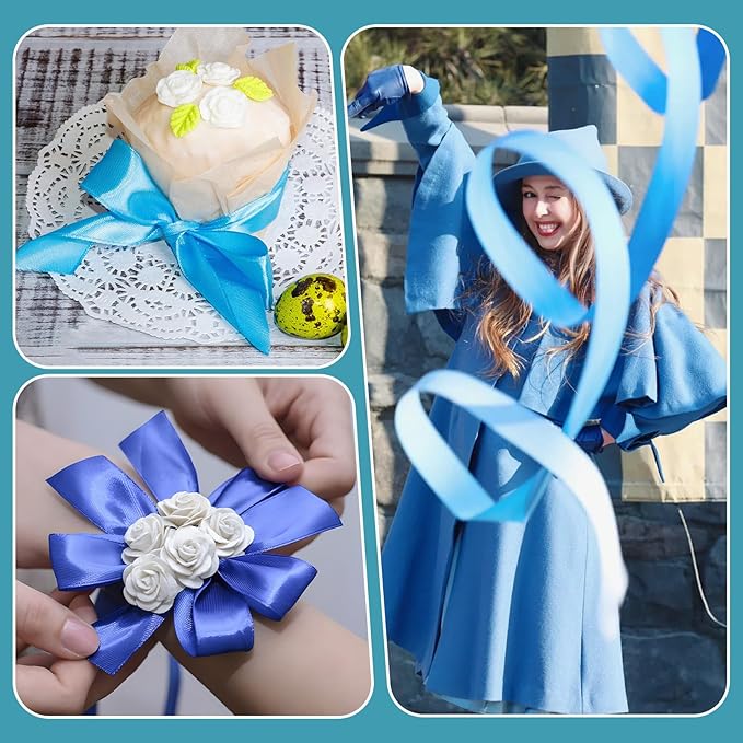 LIUYAXI Blue Satin Ribbon 3/8 Inch x 6 Rolls Total 60 Yards Use for Gift Wrapping, Flower Bouquets, Hair Bows, Wedding, Invitation Cards, Christmas