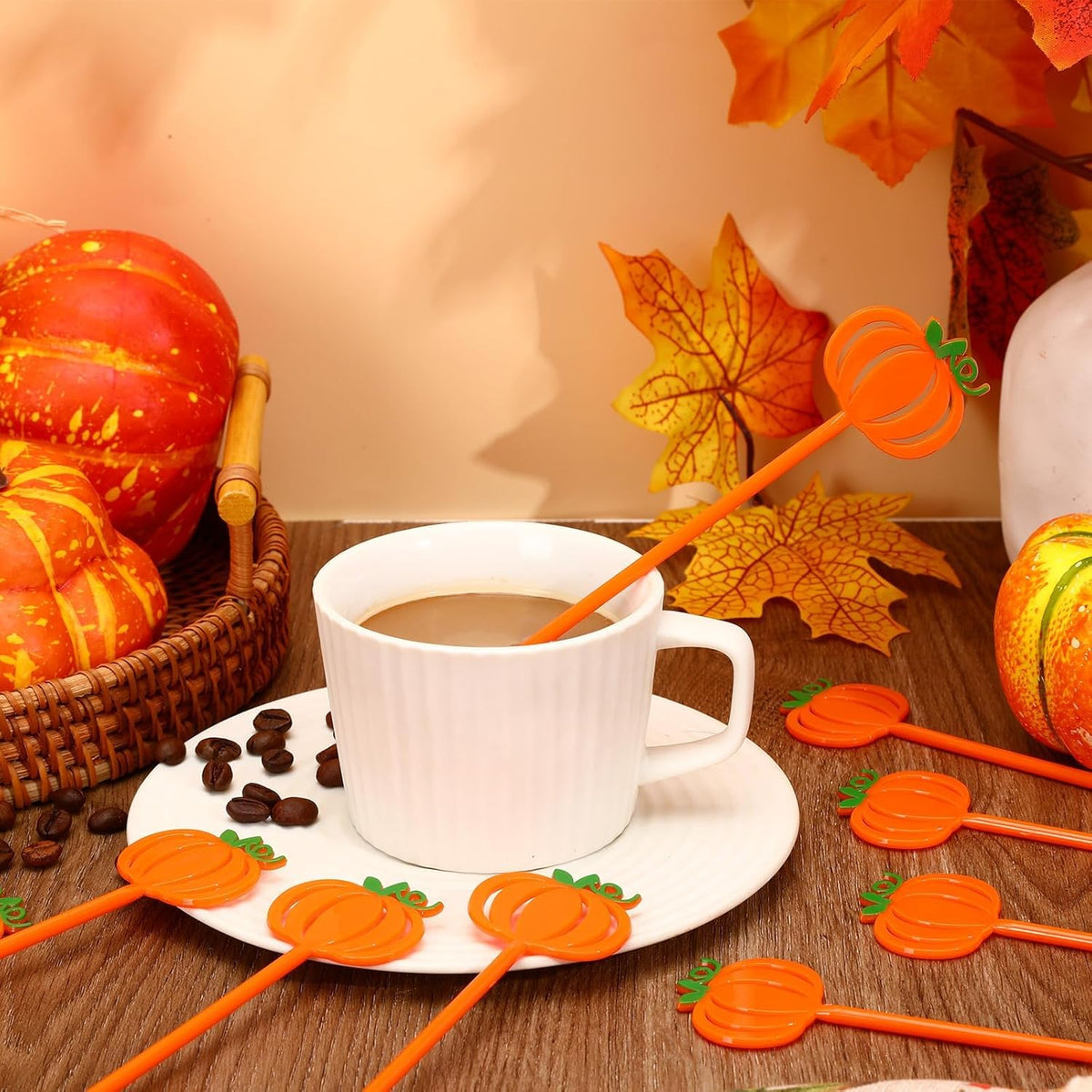 36 Pcs Fall Cocktail Stirrers, Pumpkin Drink Stirrers Plastic Swizzle Sticks Reusable Coffee Stirrer Stir Sticks for Halloween Autumn Thanksgiving
