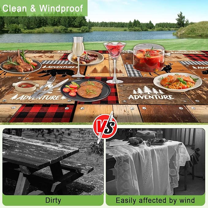 JAWO Rustic Cabin Style Picnic Table Cover with Bench Covers, Elastic Fitted Tablecloth, Lumberjack Buffalo Plaid & Bear Deer Adventure Pattern for Camping, Hunting Trips, 72x30 Inch