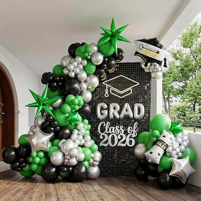 Black green and Silver Balloon Garland Arch Kit 130+ Pieces with green and Silver Stars, Graduation Certificate Graduation Cap GRAD Letters Mylar Balloons for 2025 Graduation Prom Decorations